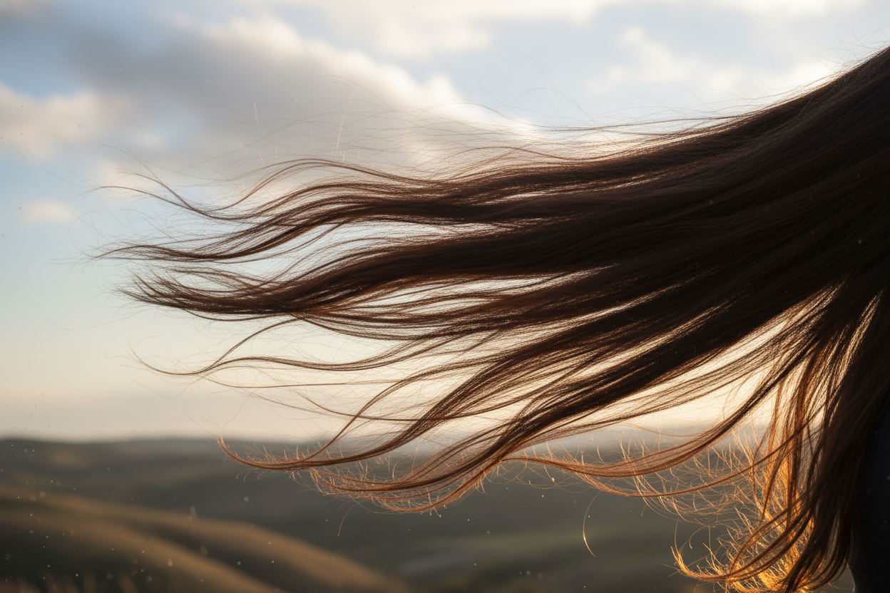 Straight hair flowing in wind